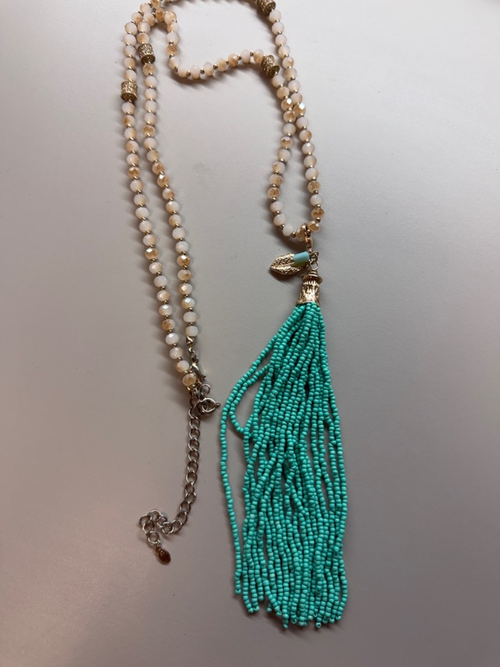 Beaded Tassel Pendant Necklace - Turquoise & Ivory